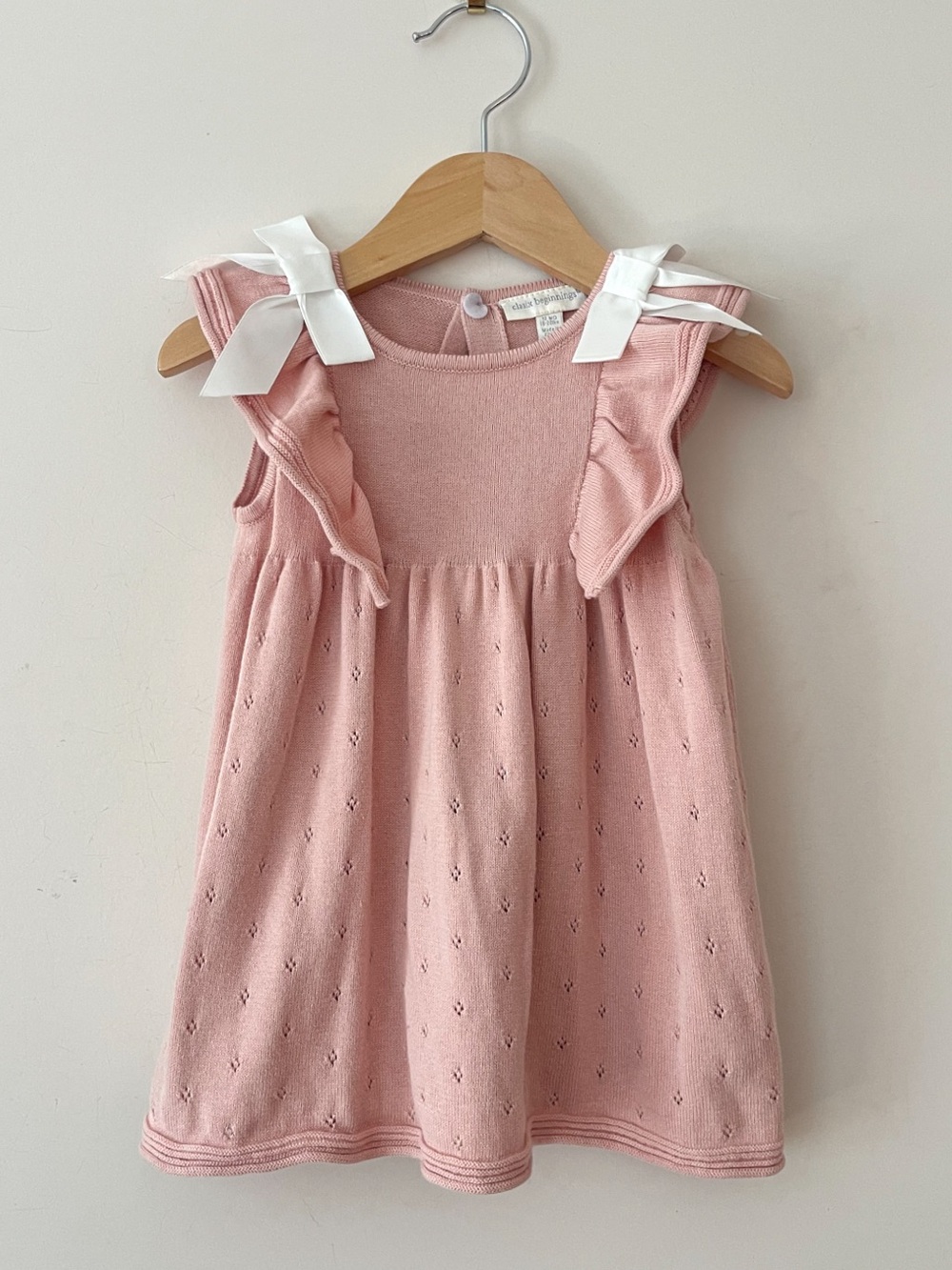 CLASIX BEGINNINGS EUC Dusty Blush Pink Pointelle Knit Bow Ruffle Dress